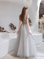 Elegant Prom Dress, Formal V Neck Short Sleeves Beaded Tulle Dresses, A Ling Floor Length