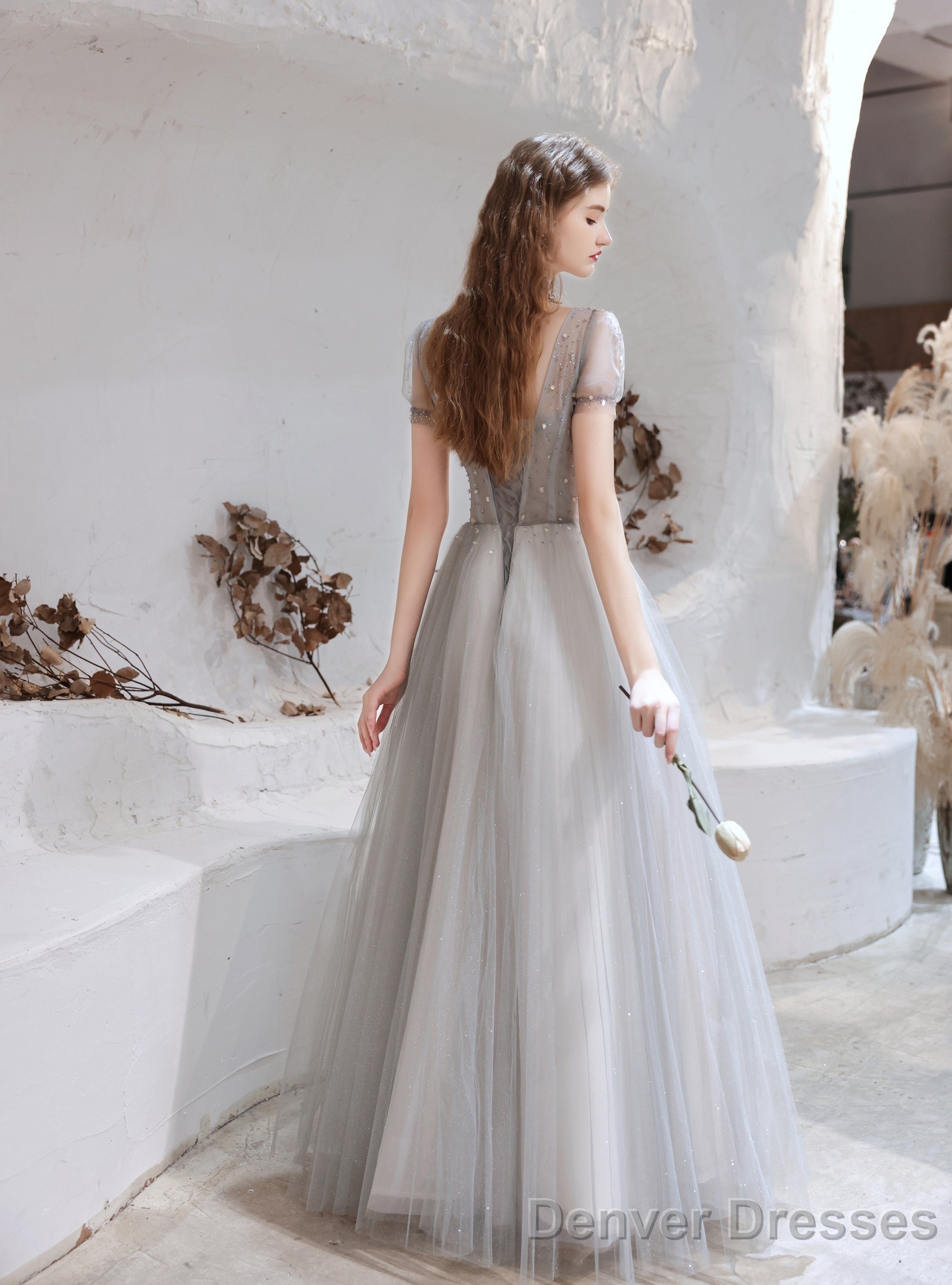 Elegant Prom Dress, Formal V Neck Short Sleeves Beaded Tulle Dresses, A Ling Floor Length