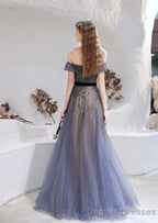 Evening Dress, Blue Prom Dresses, A Line Bateau Neck Floor Length Short Sleeves Zipper Formal Party Dresses, Pageant Dresses