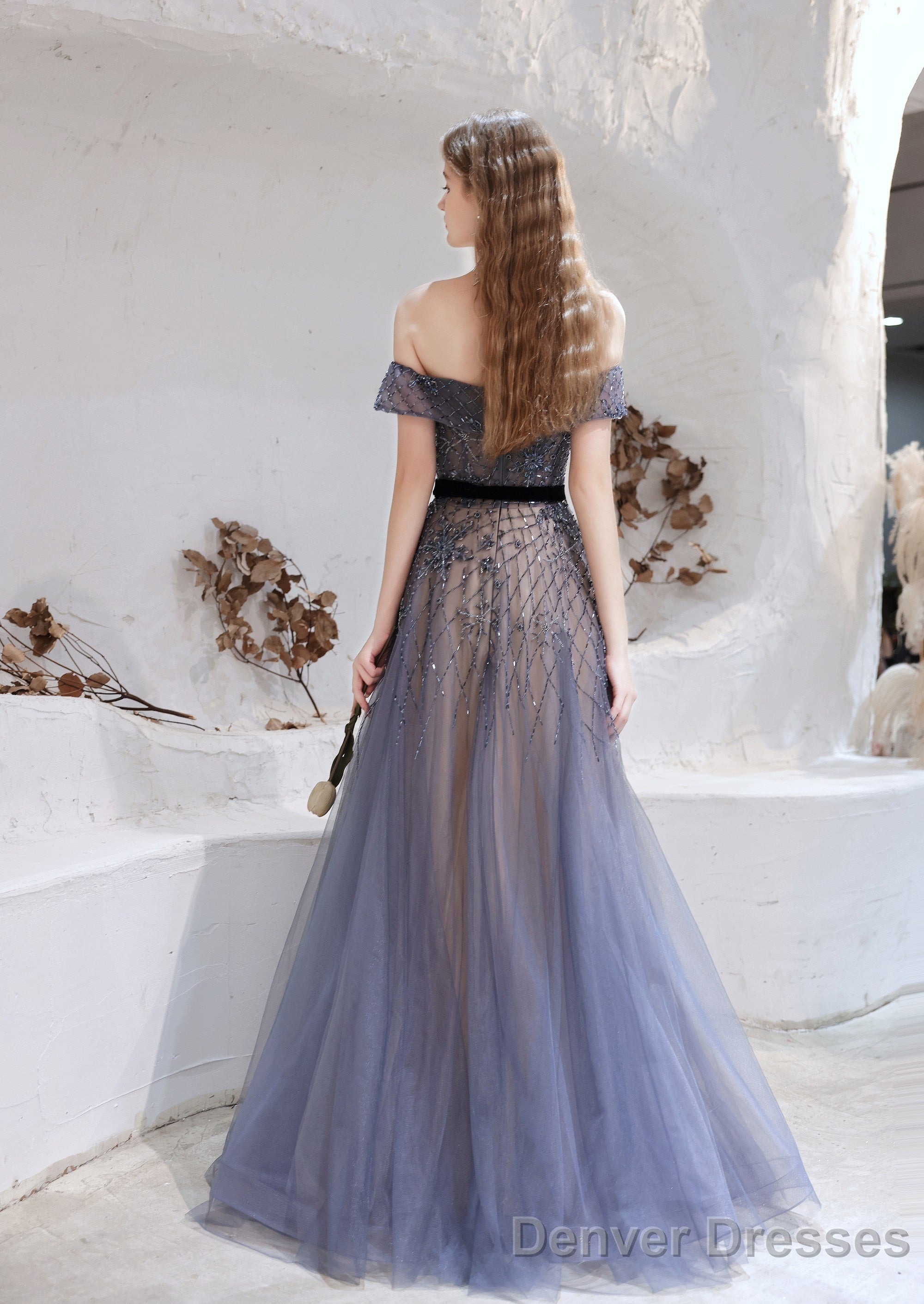 Evening Dress, Blue Prom Dresses, A Line Bateau Neck Floor Length Short Sleeves Zipper Formal Party Dresses, Pageant Dresses