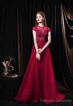 Cap Sleeves Prom Dress 2025 Beading Appliques Tulle Scoop Floor Length Burgundy Prom Dresses