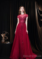 Cap Sleeves Prom Dress 2025 Beading Appliques Tulle Scoop Floor Length Burgundy Prom Dresses