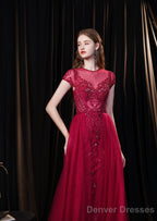 Cap Sleeves Prom Dress 2025 Beading Appliques Tulle Scoop Floor Length Burgundy Prom Dresses