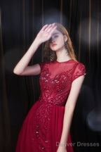 Cap Sleeves Prom Dress 2025 Beading Appliques Tulle Scoop Floor Length Burgundy Prom Dresses