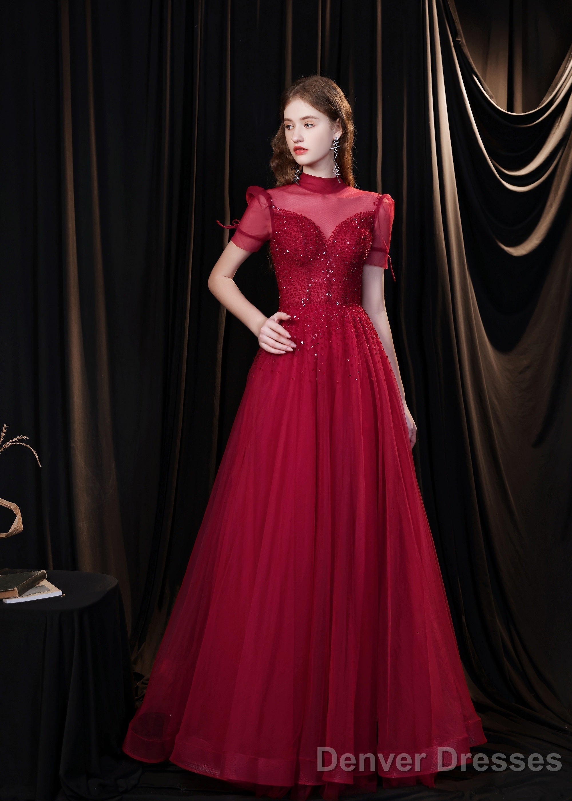 Burgundy Prom Dresses, Tulle High Neck Cap Sleeve Backless Beading Prom Dress Main image