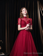 Burgundy Prom Dresses, Tulle High Neck Cap Sleeve Backless Beading Prom Dress