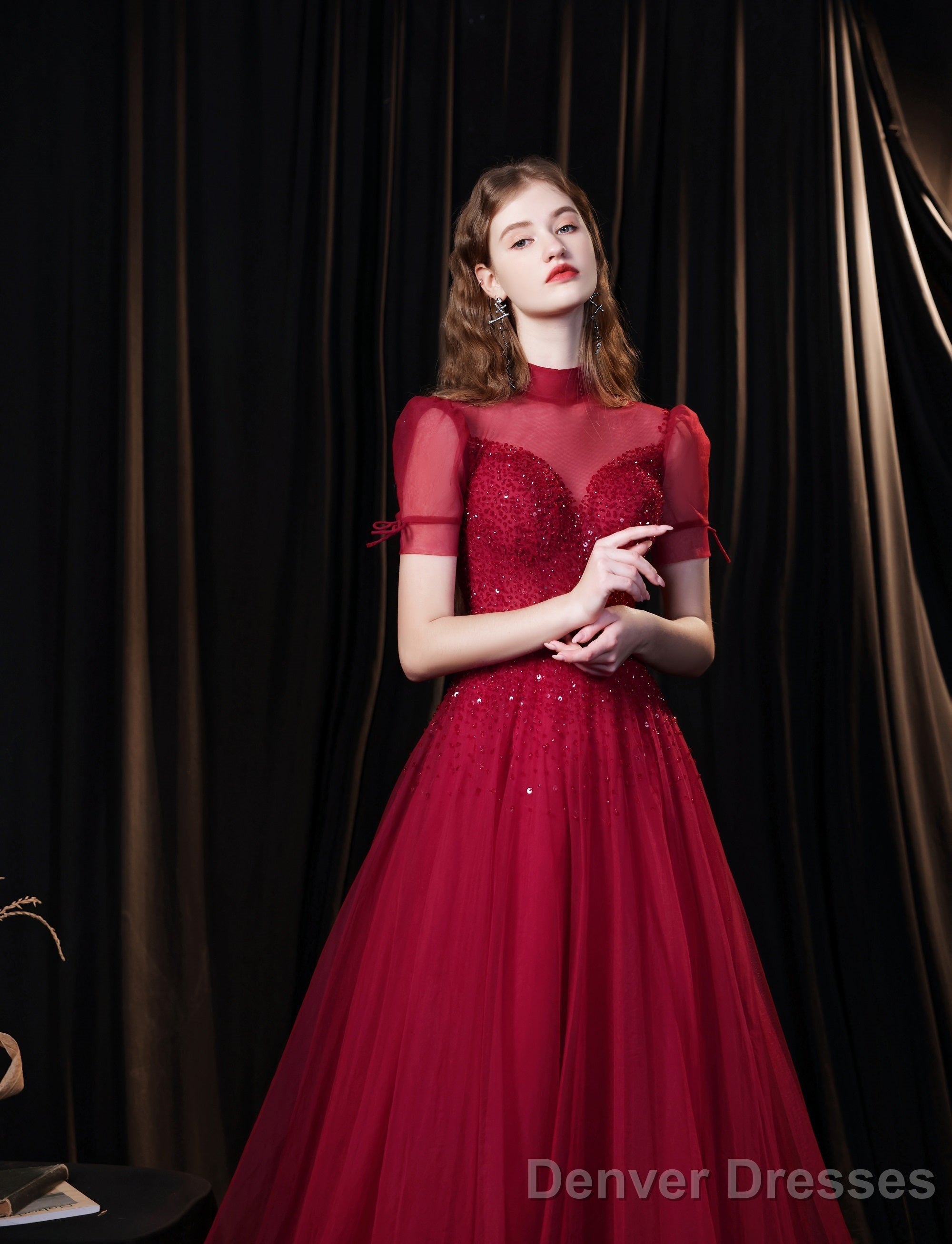 Burgundy Prom Dresses, Tulle High Neck Cap Sleeve Backless Beading Prom Dress