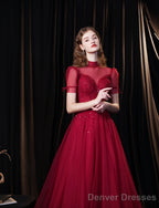 Burgundy Prom Dresses, Tulle High Neck Cap Sleeve Backless Beading Prom Dress