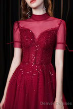 Burgundy Prom Dresses, Tulle High Neck Cap Sleeve Backless Beading Prom Dress