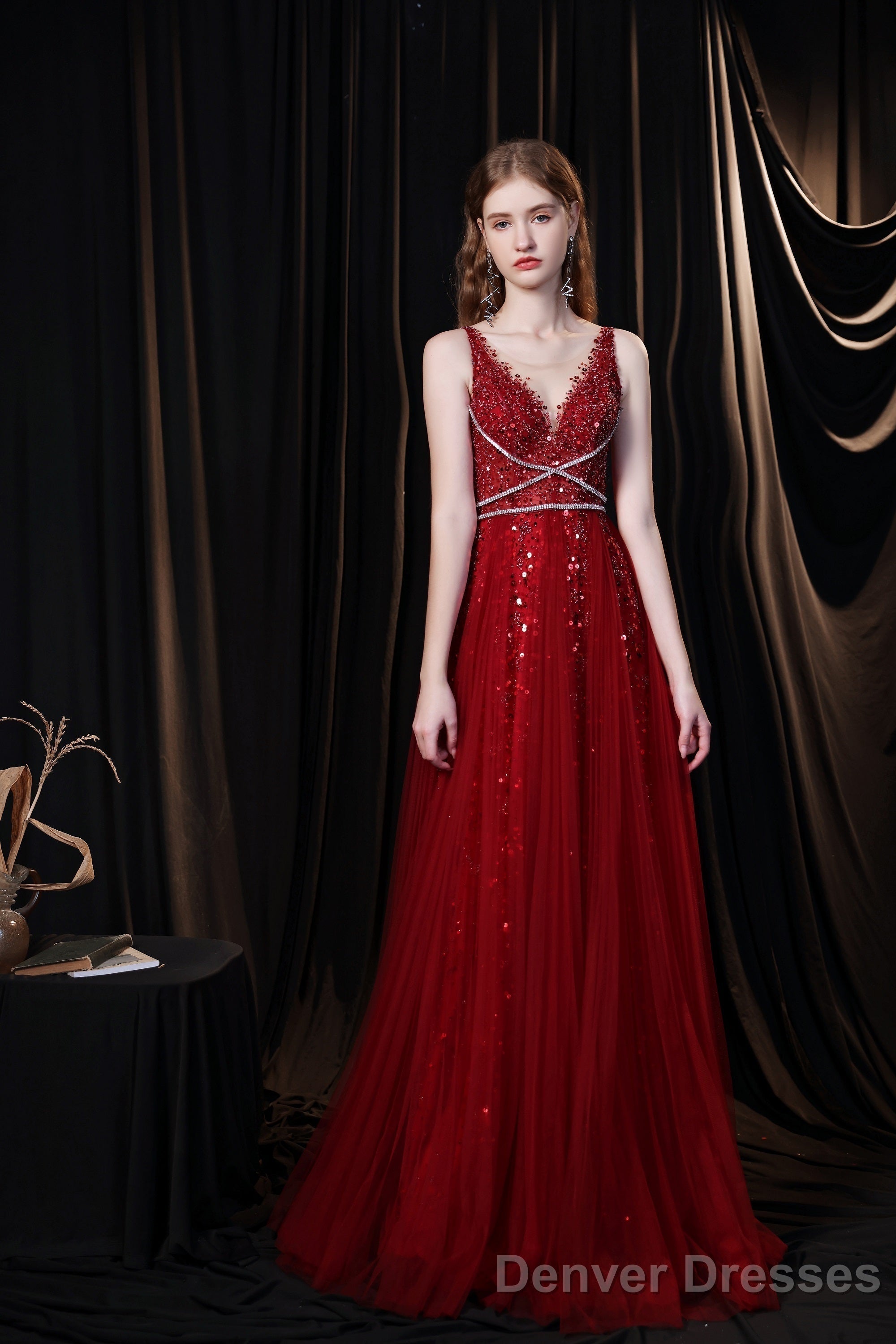 Luxury Burgundy Evening Dress, Long Evening Party Prom Dresses, A Line Prom Gown