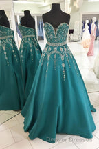 Green A Line Floor Length Sweetheart Sleeveless Beading Prom Dress