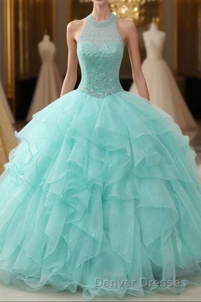 Mint Ball Gown Floor Length Halter Keyhole Back Beading Ruffles Prom Dress Main image