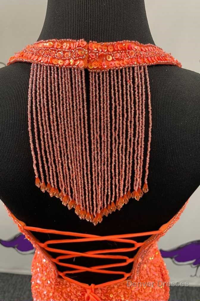 Orange Sequin Halter Fringe Short Homecoming Dress Secondary image