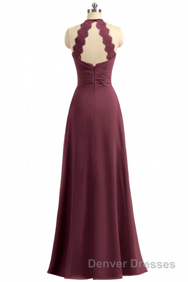 Burgundy Chiffon Halter Long Bridesmaid Dress with Lace Strap Secondary image