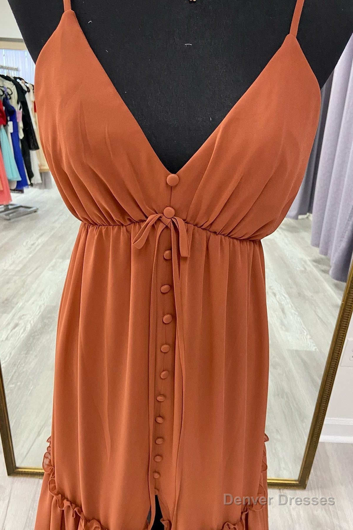 Brown A-line V Neck Straps Ruffle Buttons Long Bridesmaid Dress with Slit Secondary image