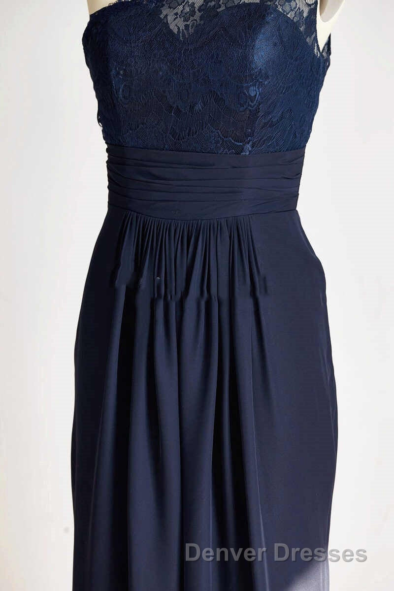 One-Shoulder Navy Blue Lace Long Bridesmaid Dress