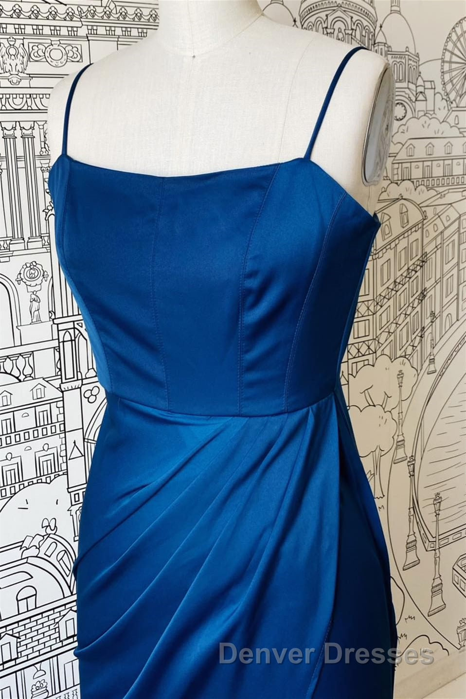 Sheath Spaghetti Straps Satin Long Bridesmaid Dress with Slit