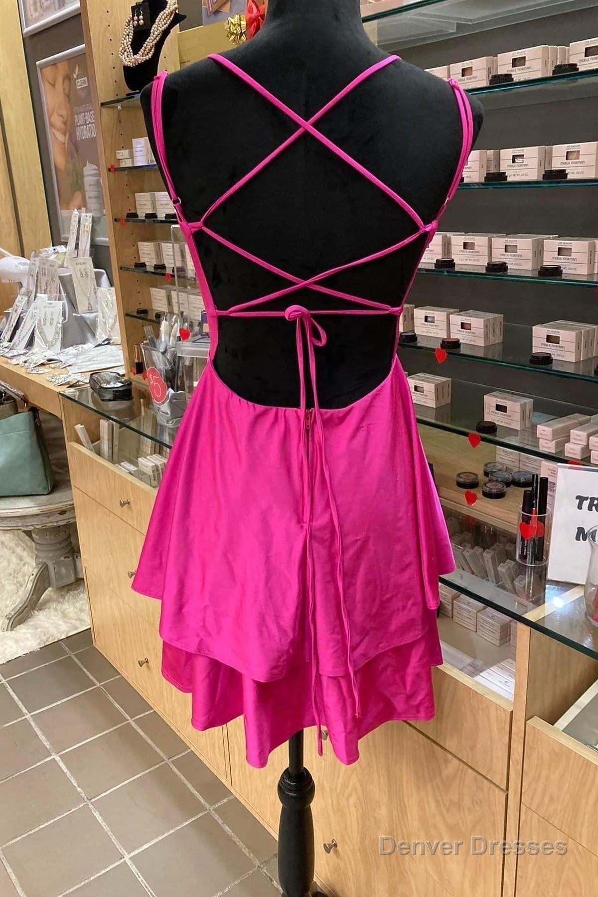 Fuchsia V Neck Lace-Up Back Satin Multi-Layers Mini Homecoming Dress Secondary image