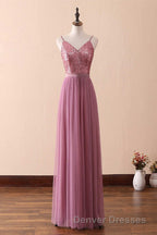 Dusty Purple Sequin Spaghetti Straps A-Line Long Bridesmaid Dress