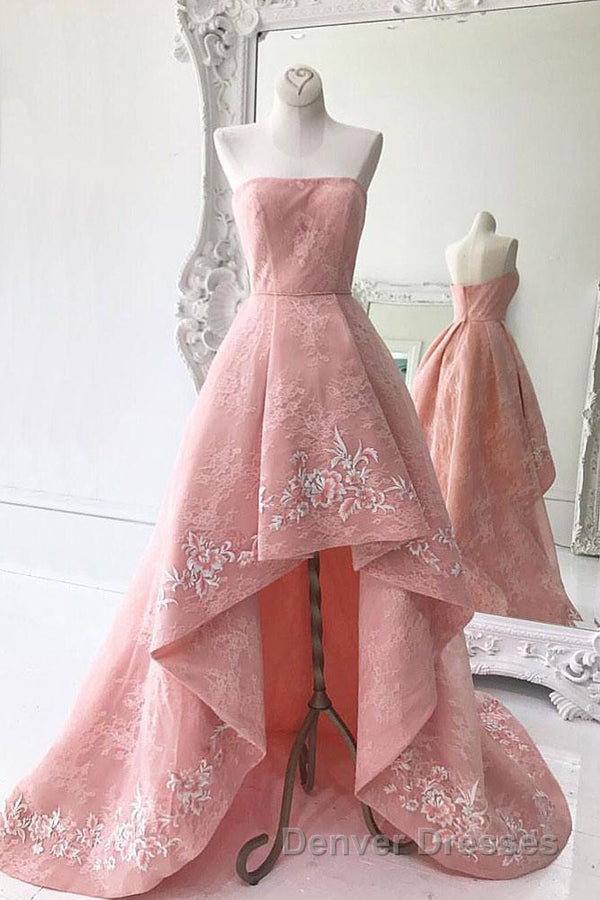 Charming Modest Pink A Line High Low Strapless Zipper Back Prom Dress Secondary image