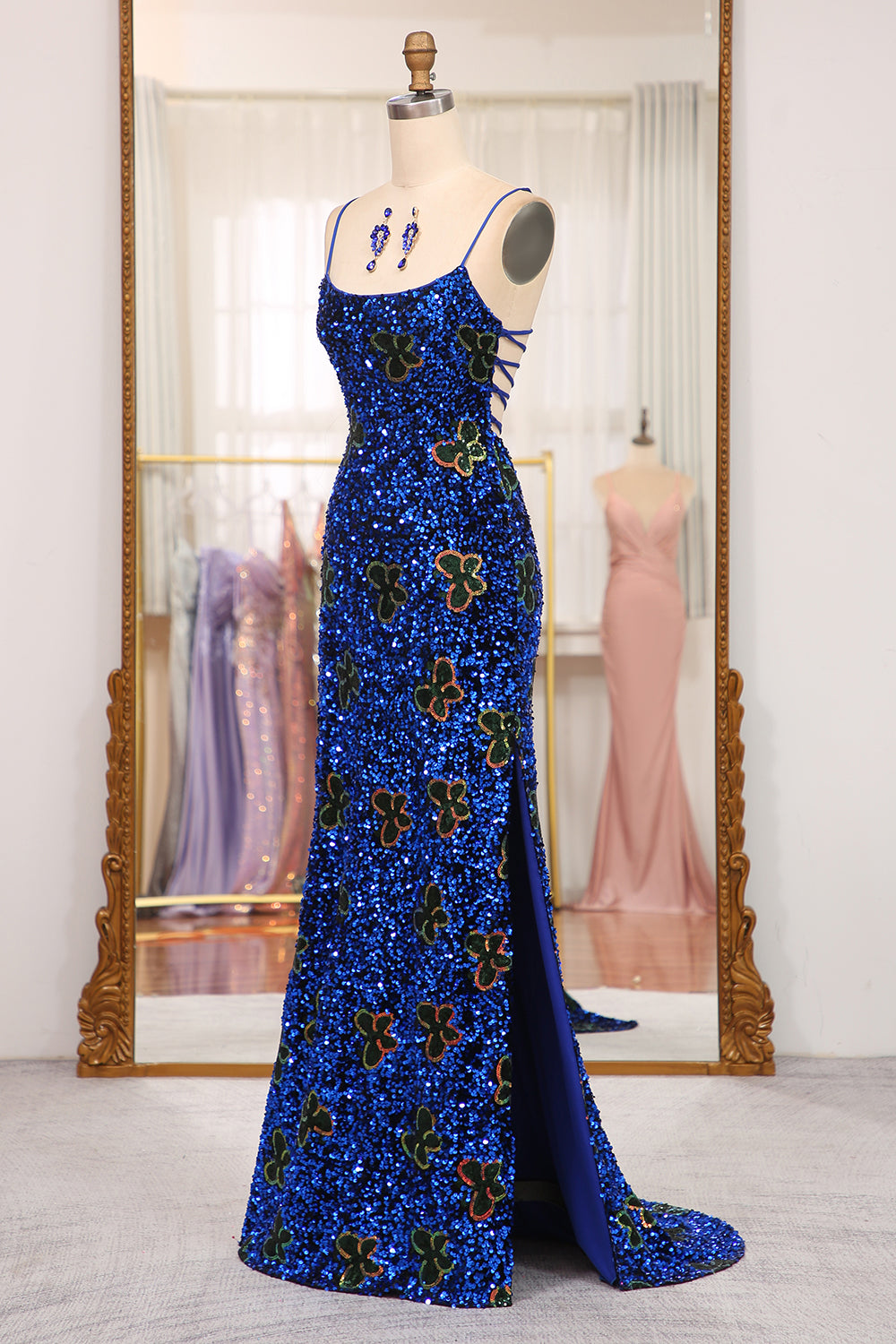 Sparkly Royal Blue Lace Up Long Sequined Prom Dress With Slit Secondary image