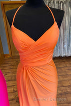 Orange Surplice Neck Backless Long Formal Dress