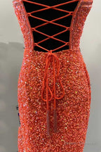 Orange Sequin Halter Fringe Short Homecoming Dress