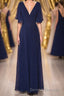 Navy Blue Chiffon V-Neck Ruffled Sleeve Long Bridesmaid Dress