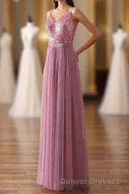 Dusty Purple Sequin Spaghetti Straps A-Line Long Bridesmaid Dress