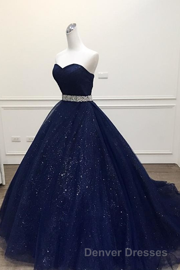 Navy Blue Ball Gown Court Train Sleeveless Mid Back Sparkle Prom Dress