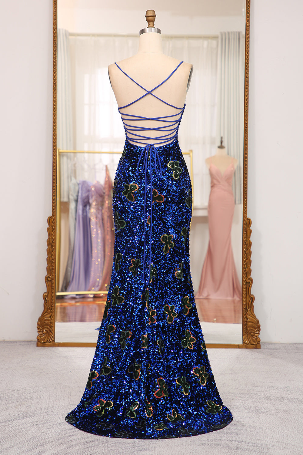 Sparkly Royal Blue Lace Up Long Sequined Prom Dress With Slit Main image