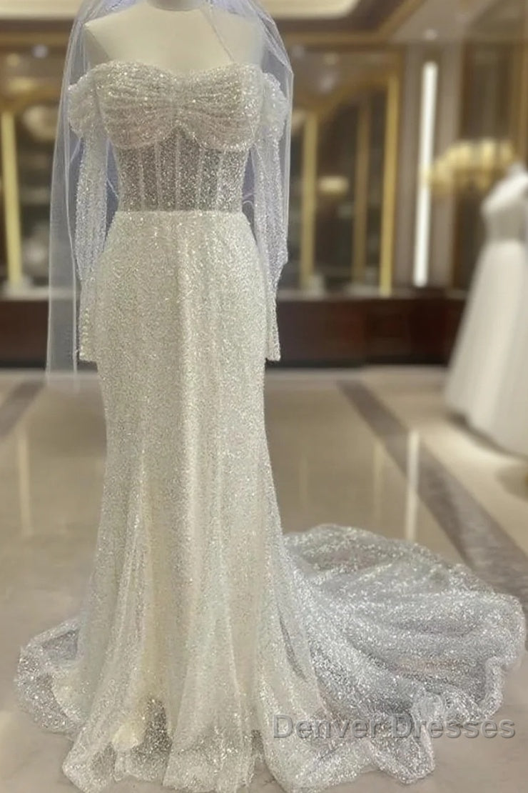 Sheath-Column Off The Shoulder Wedding Dress With Sequin Main image