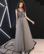Gray V Neck Tulle Sequin Long Prom Dress Gray Tulle Evening Dress
