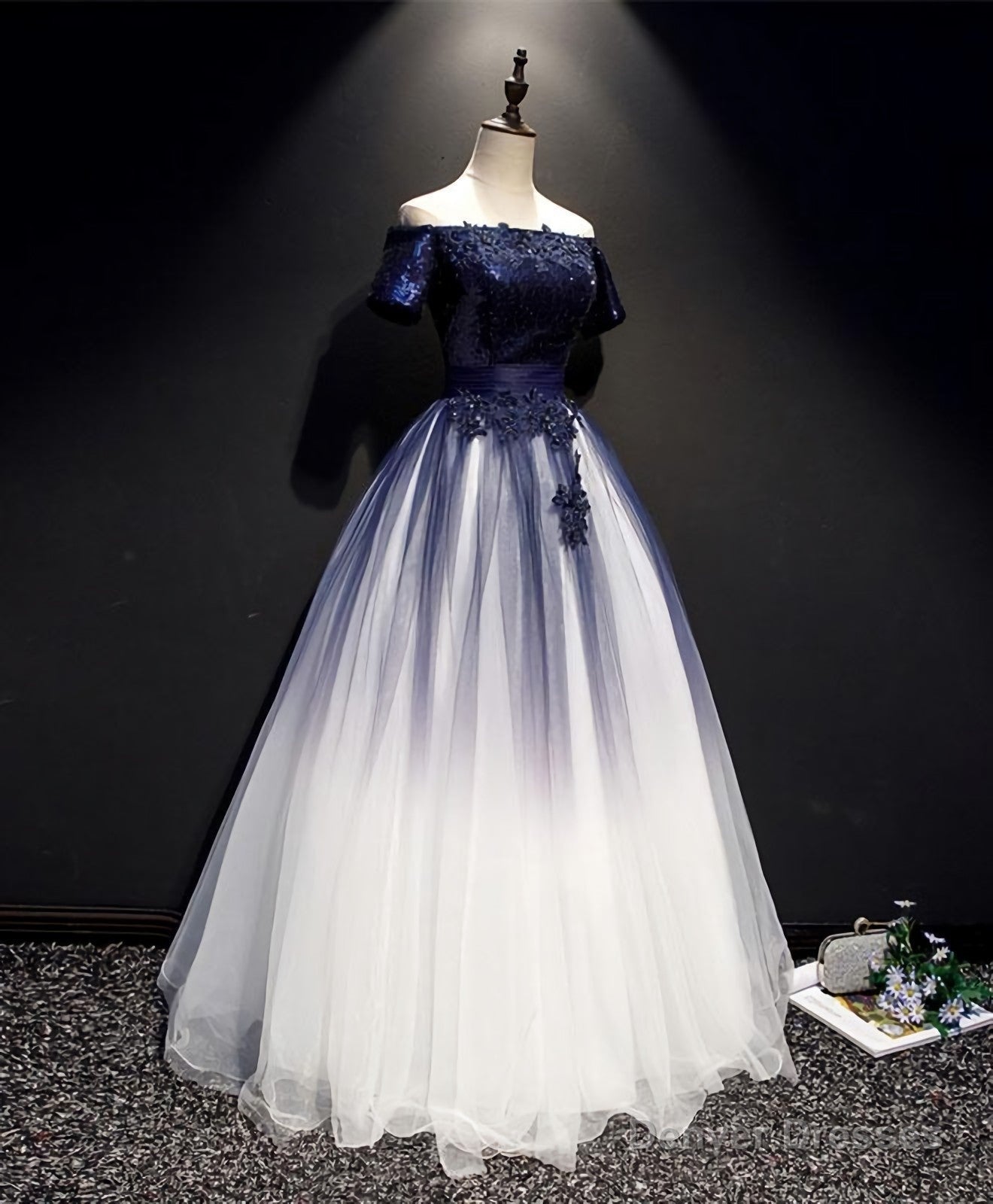 Blue Tulle Lace Long Prom Dress, Blue Tulle Lace Formal Dress Main image