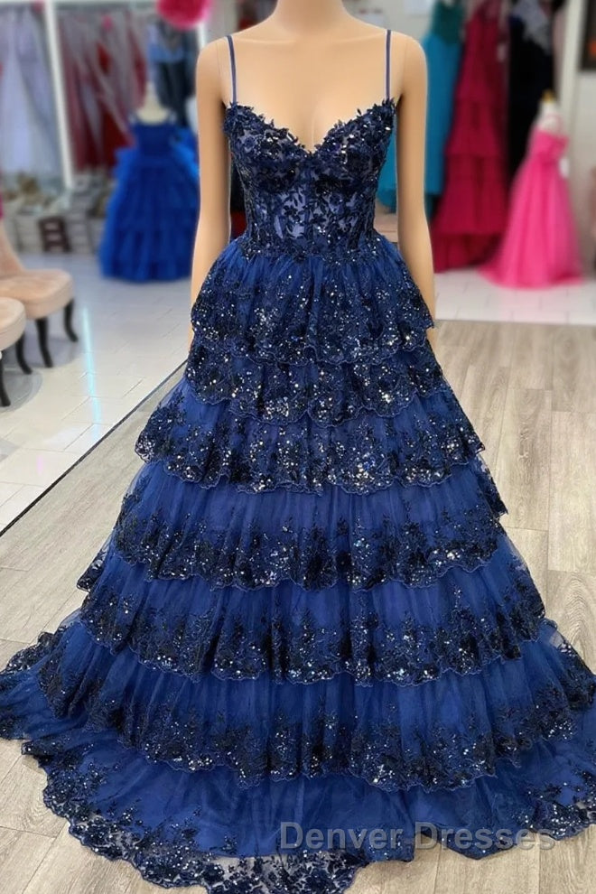 Navy Blue Floral Multi-Layers Sequined Straps Long Prom Dress Main image