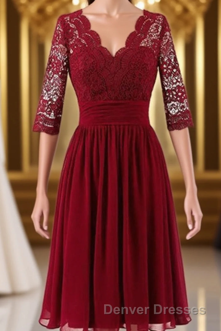 Burgundy A Line Knee Length V Neck 1/2 Sleeve Hollow Bridesmaid Dress Main image