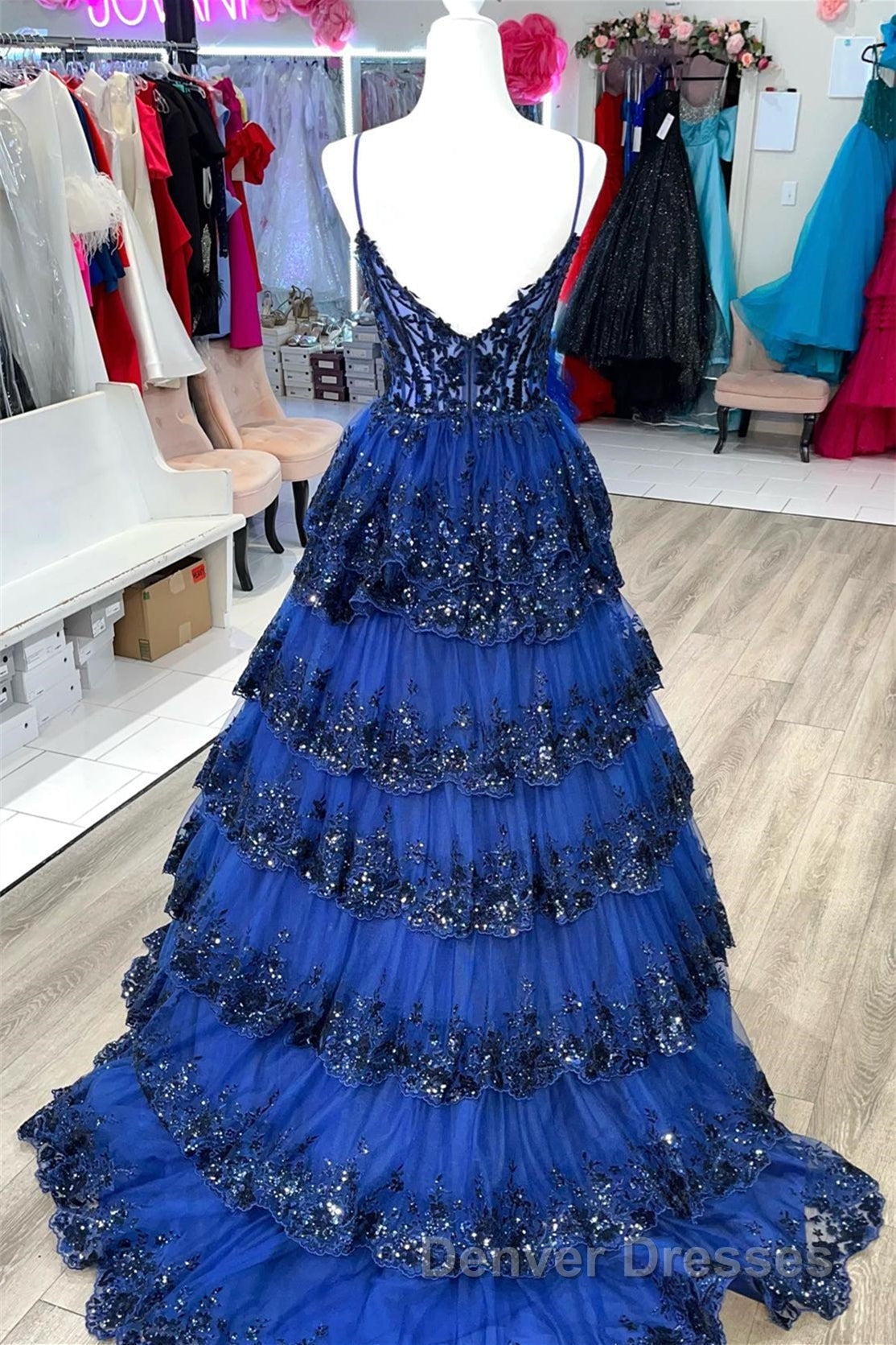 Navy Blue Floral Multi-Layers Sequined Straps Long Prom Dress Secondary image