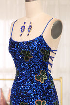 Sparkly Royal Blue Lace Up Long Sequined Prom Dress With Slit