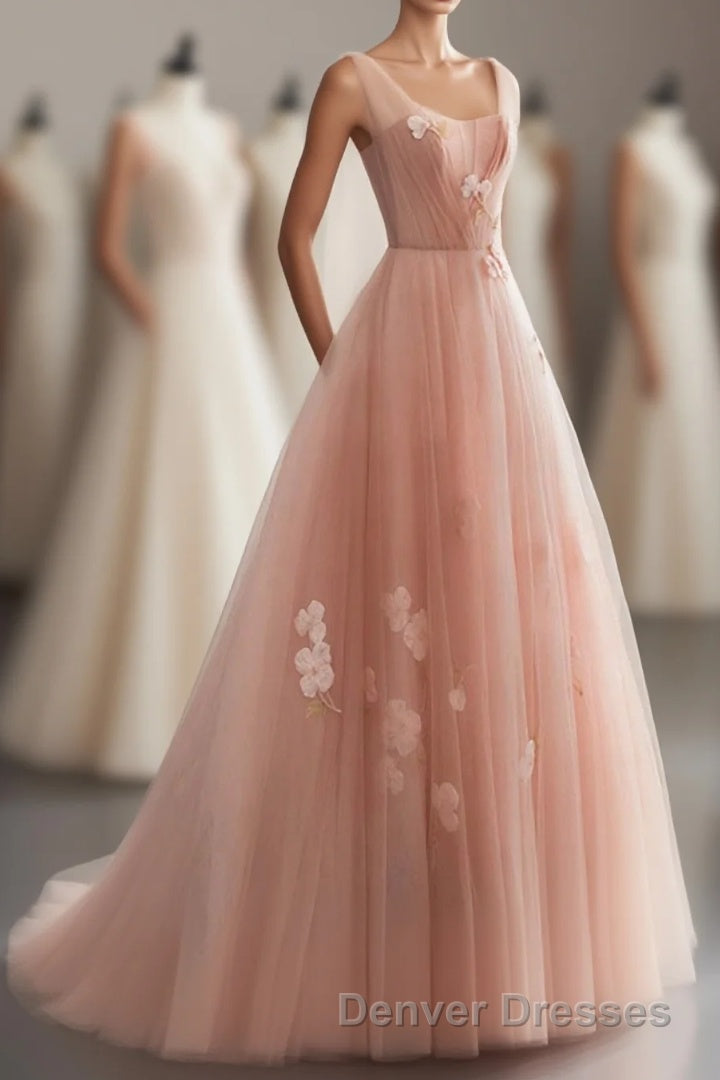 Pink V Neck Tulle Long Prom Dress, Tulle Evening Dress Main image