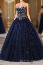 Navy Blue Ball Gown Floor Length Sweetheart Sleeveless Mid Back Prom Dress