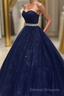 Navy Blue Ball Gown Court Train Sleeveless Mid Back Sparkle Prom Dress