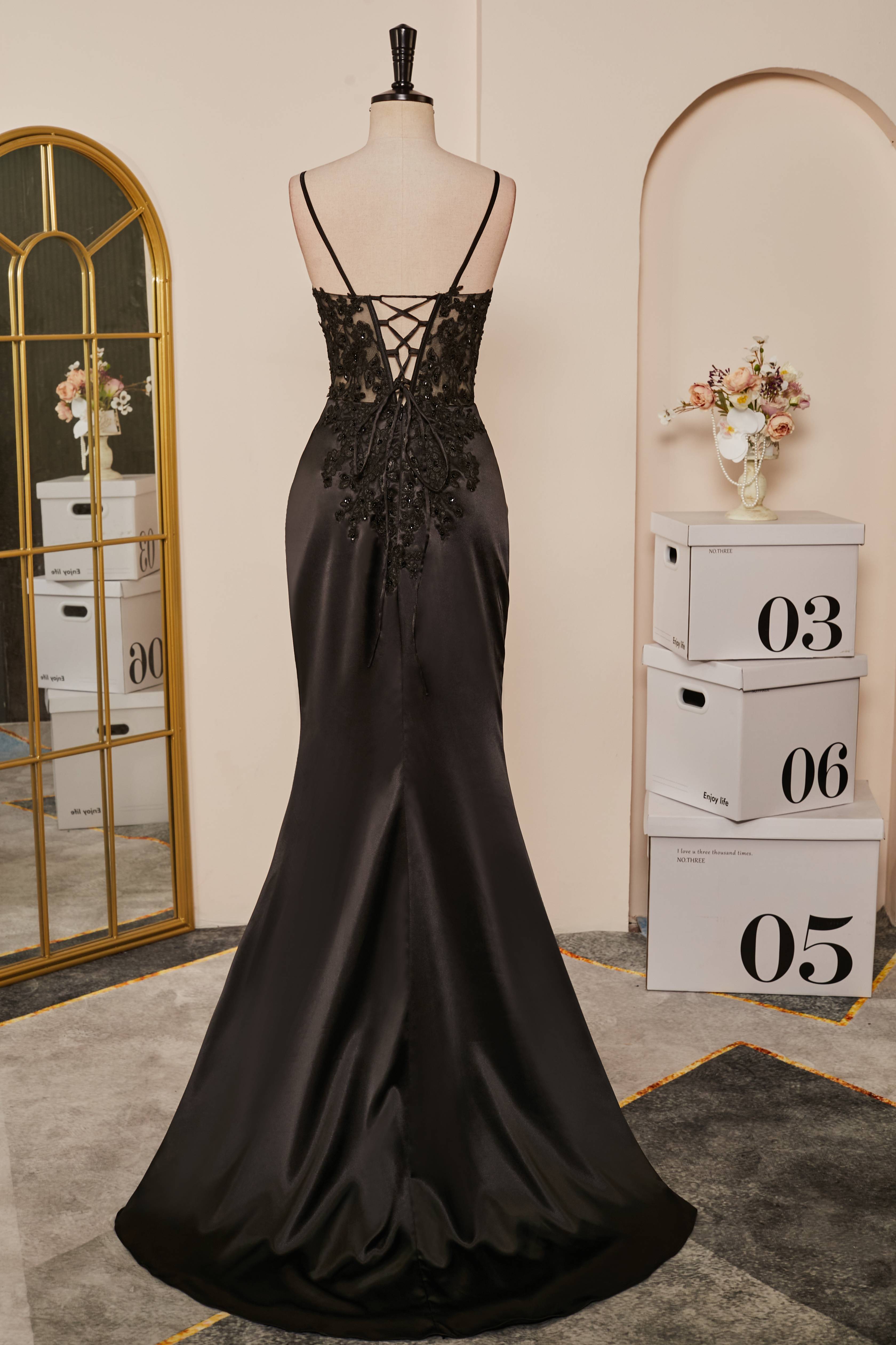 Black Mermaid Pluning V Appliques Long Prom Dress with Slit Main image