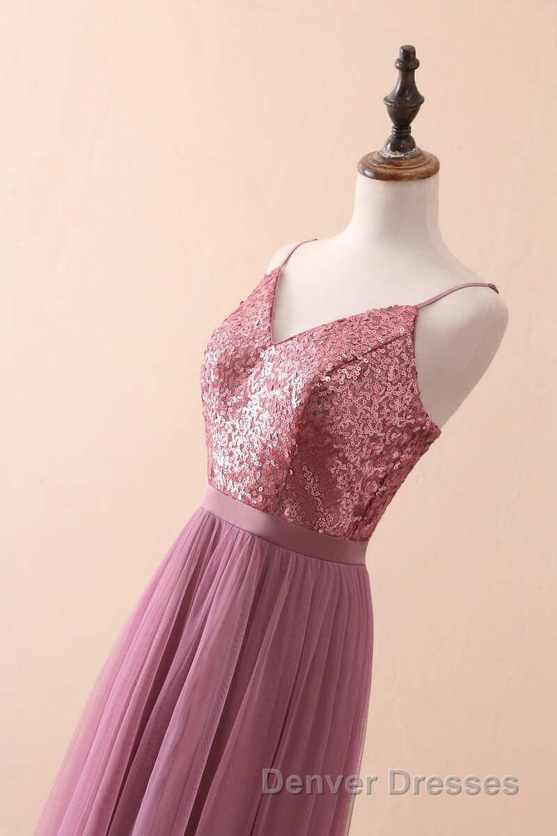 Dusty Purple Sequin Spaghetti Straps A-Line Long Bridesmaid Dress