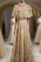 Champagne Tulle Lace Long Prom Dress, Champagne Formal Dress, 1