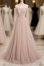Champagne Pink Tulle Beads Long Prom Dress, Champagne Evening Dress