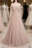 Champagne Pink Tulle Beads Long Prom Dress, Champagne Evening Dress