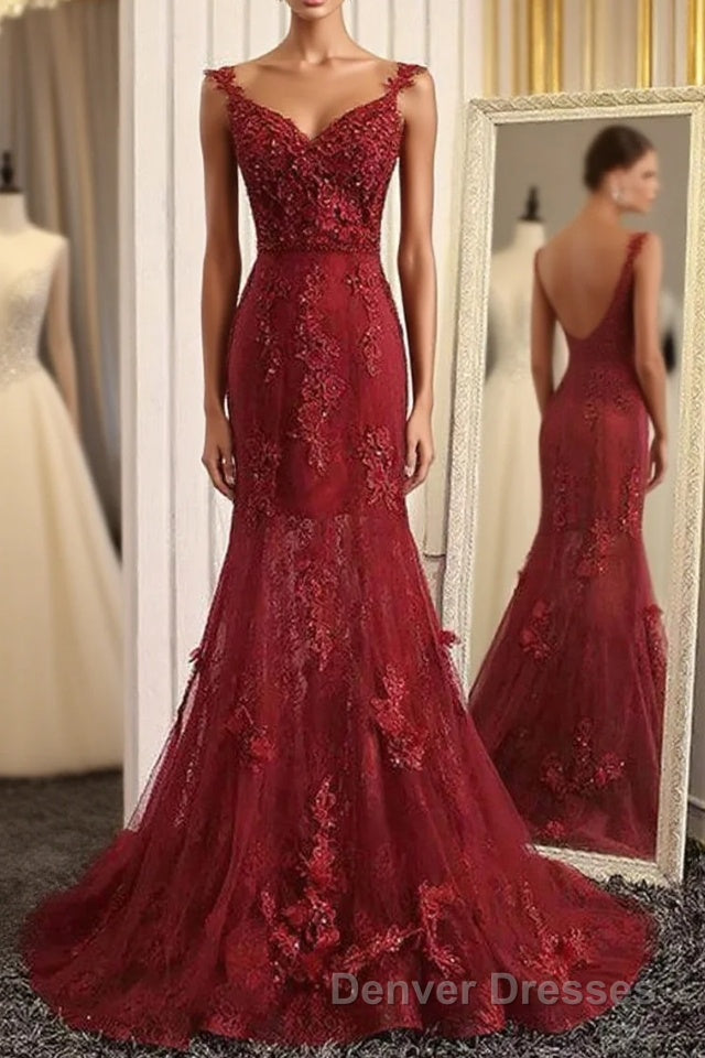 Burgundy Trumpet Sweep Train V Neck Mid Back Appliques Beading Long Prom Dress Main image