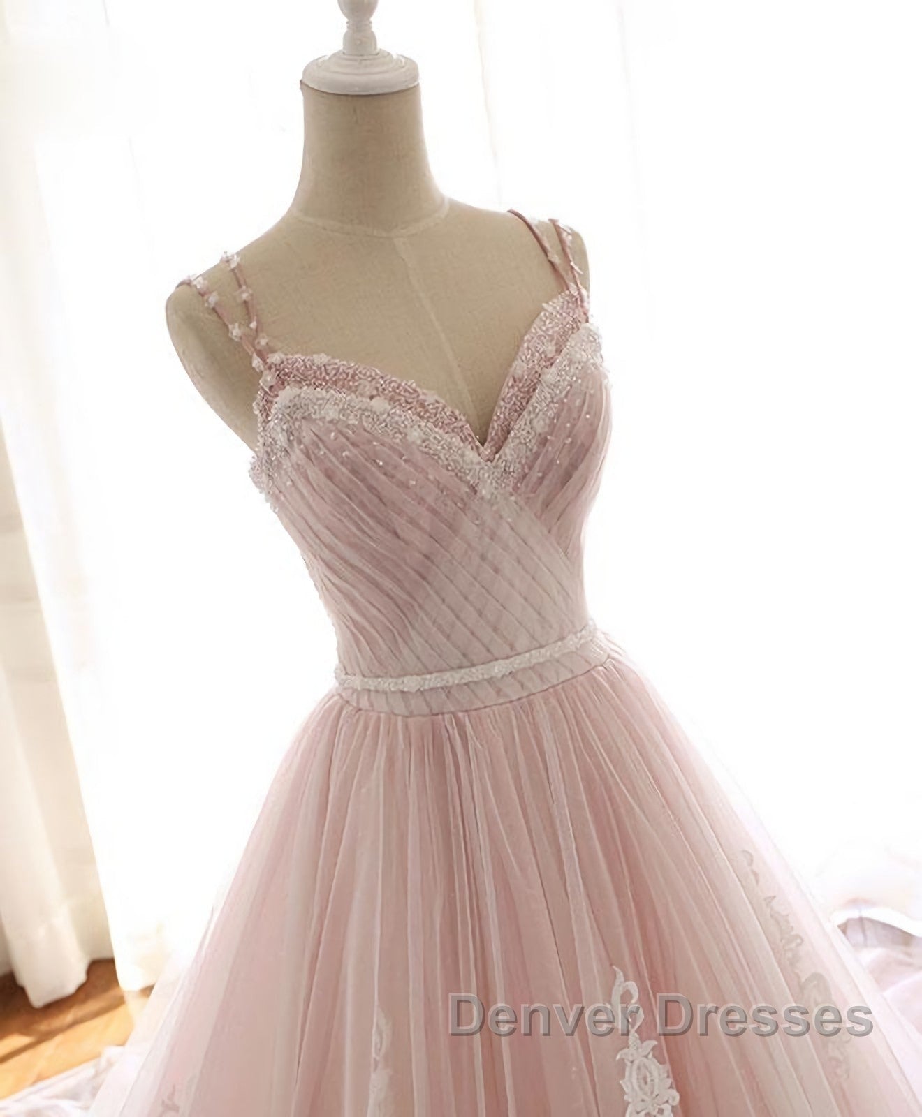 Pink Sweetheart Lace Tulle Long Prom Dress, Lace Pink Evening Dress Secondary image