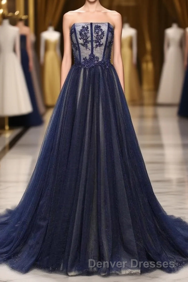Navy A Line Sweep Train Straight Sleeveless Mid Back Lace Up Prom Dress Main image