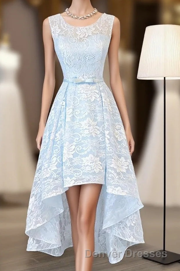 Light Blue Lace High Low Prom Dress, Homecoming Dress Main image
